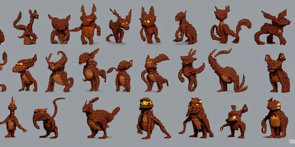 Prompt: creatures called critters, made out of few bricks. cute looking, sharp focus, moebius, character sheet, game concept art, brush work
