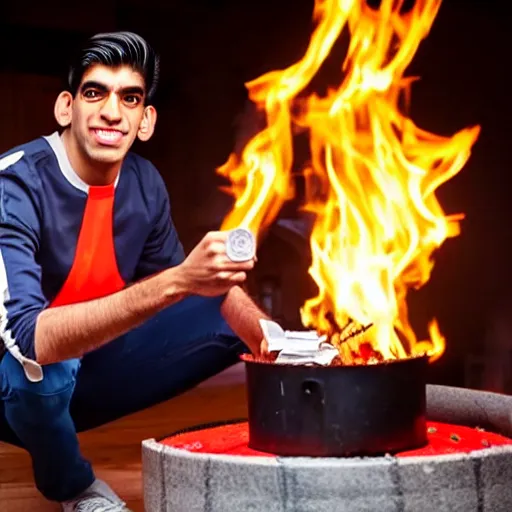 Image similar to photo of rishi sunak throwing money into a fire in a cold house