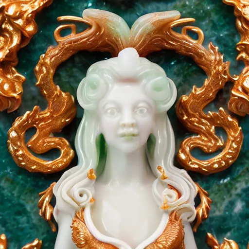 Image similar to a closeup photo, rococo alabaster and jade real delicate ceramic porcelain sculpture of an ornate detailed phoenix goddess in front of an intricate background by rafael, micro detail, backlit lighting, subsurface scattering, translucent, thin porcelain, emerald, jade, octane renderer, colorful, physically based rendering, trending on cgsociety