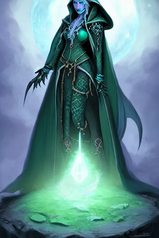 Image similar to realistic character concept portrait art of a female drow necromancer, emerald trinkets and outfit, beautiful face, hooded robes, moonlit, ghostly atmosphere, long dark hair, by stanley artgerm lau, wlop, rossdraws, james jean, andrei riabovitchev, marc simonetti, and sakimichan, tranding on artstation