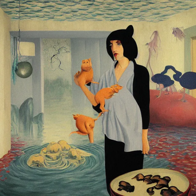 Image similar to tall female emo artist holding a pig in her flooded apartment, mushrooms, octopus, water gushing from ceiling, painting of flood waters inside an artist's apartment, a river flooding indoors, pomegranates, pigs, ikebana, zen, river, rapids, waterfall, black swans, canoe, berries, acrylic on canvas, surrealist, by magritte and monet