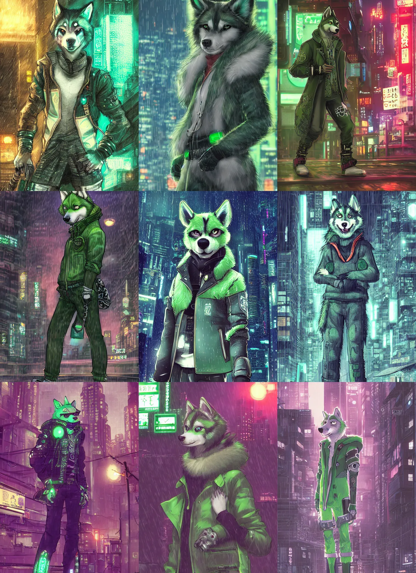 Prompt: character portrait of a male green anthro husky fursona with a cute beautiful attractive detailed furry face wearing stylish cyberpunk clothes in a cyberpunk city at night while it rains. hidari, color page, tankoban, 4 k, tone mapping, akihiko yoshida.