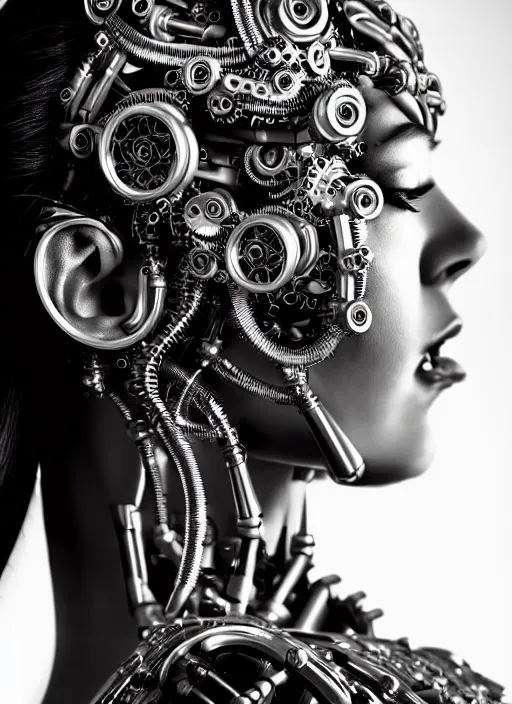 Image similar to a stunning young female cyborg profile face, face is made intricate tribal bio - mechanical, editorial photography, bw, shot on 7 0 mm, depth of field, f / 2. 8, high contrast, 1 6 k, rays of shimmering light, volumetric lighting, shiny, insanely detailed and intricate, hypermaximalist, elegant, ornate, hyper realistic, super detailed