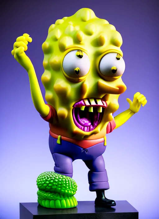 Image similar to hyperrealistic rendering, fat smooth john carpenter flesh monster spongebob by art of skinner and richard corben and jeff easley, product photography, action figure, sofubi, studio lighting, colored gels, colored background