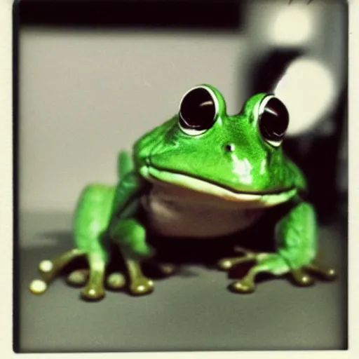 Prompt: a polaroid photo of a frog wearing headphones