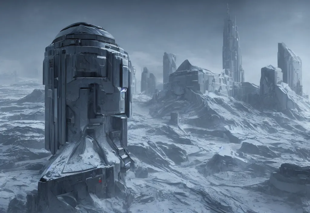 Prompt: single brutalist modern concrete and metallic tower on a cold, snowy hill overlooking a massive frozen ocean. Concept art, star citizen.