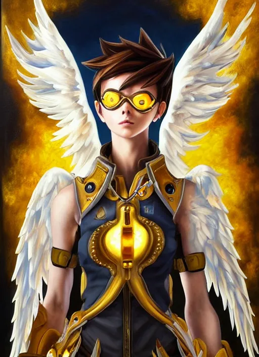 Image similar to full body oil painting of tracer overwatch in the style of sophie anderson, angel wings, angelic golden armor, dramatic painting, symmetrical composition, ornate, golden chains, high detail, gold detailed collar!!!!!, blooming, angelic, lights, flowers, heavenly, bright, detailed face,