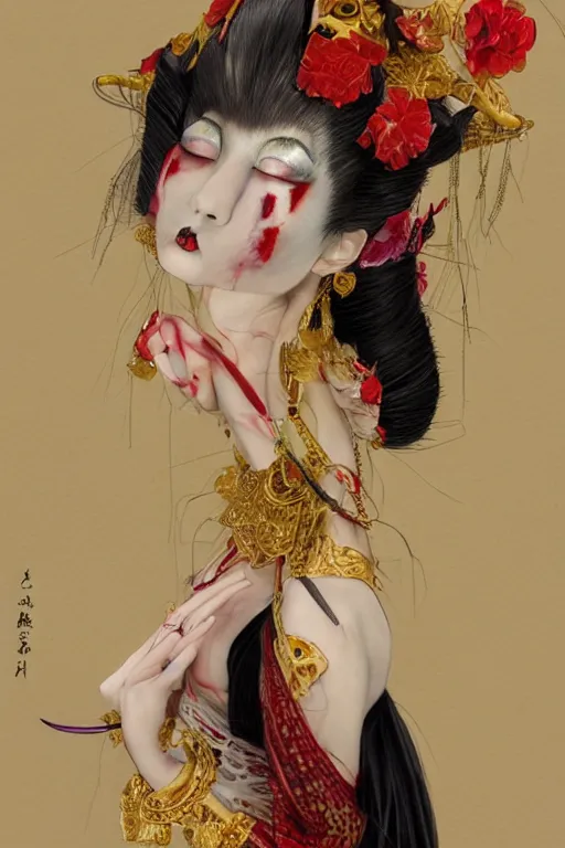 Prompt: watercolor painting of a japanese bjd geisha vampire queen with a long neck by hajime sorayama, irakli nadar, h. r. giger, epic dark - fantasy, red, gold flowers, black, surrealism, artgerm