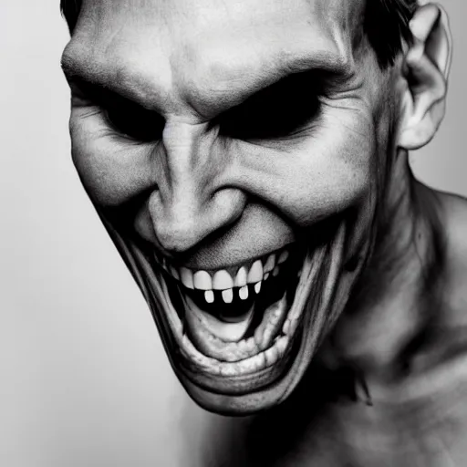 Image similar to Jerma985 with a wide smile, sinister looking, evil intent, horror, uncanny, detailed, high resolution, sharpened, close-up, professional photography