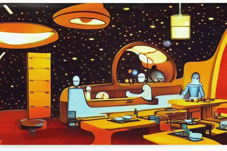 Image similar to coffee shop in a spaceship by robert theodore mccall