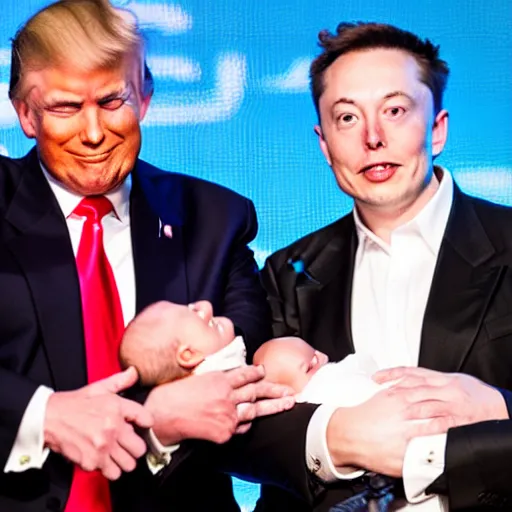 Prompt: a picture of donald trump and elon musk holding a baby