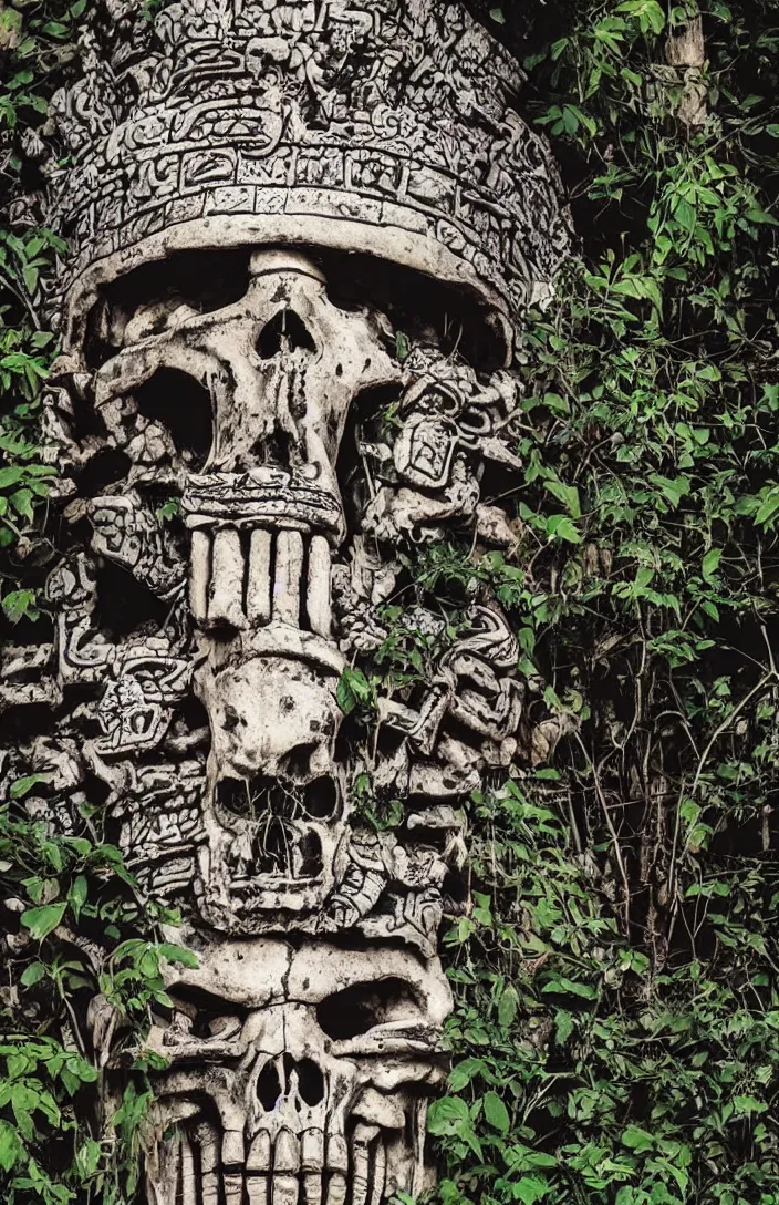 Image similar to mayan temple in form of punisher skull. background jungle