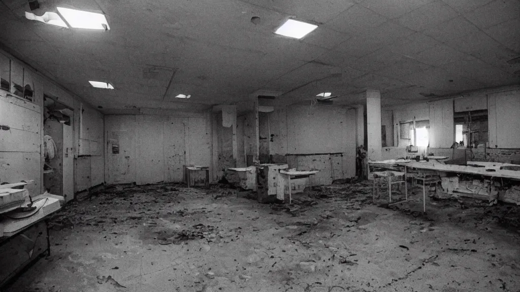 Prompt: 1986 photograph of interior view of a filthy, disused surgical room in a cursed hospital, night, illuminated by flashlight only, unsanitary, dirty, contaminated, liminal, 35mm photo, Fujifilm. Highly detailed, photographic, realistic, dramatic, cinematic