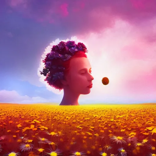 Prompt: giant daisy flower in front of head, full body girl floating in a flower field, surreal photography, sunrise, dramatic light, impressionist painting, colorful clouds, digital painting, artstation, simon stalenhag