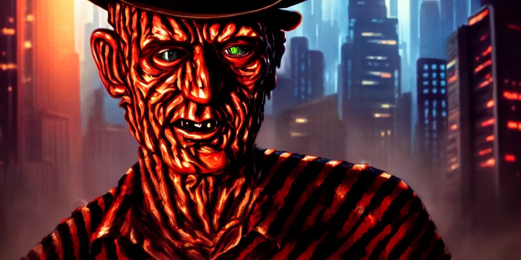 Image similar to a portrait of freddy krueger in a cyberpunk city, pixar, dramatic lighting