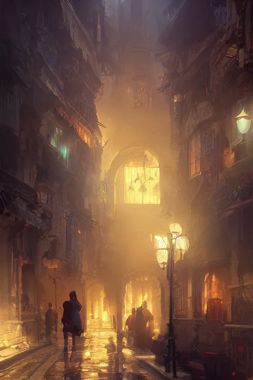 Image similar to inside the antique city of Avalon at dusk, intricate, elegant, volumetric lighting, digital painting, highly detailed, artstation, sharp focus, illustration, concept art, ruan jia, steve mccurry