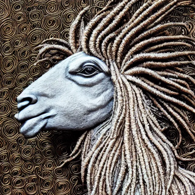 Prompt: llama with dreadlocks, detailed, by ernst haeckel, james jean, el anatsui, mandy jurgens