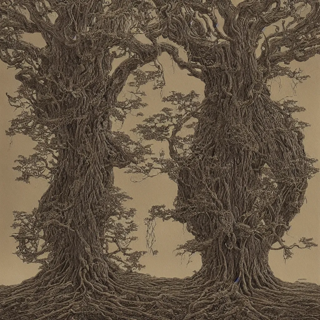 Image similar to tree of life, yggdrasil, moody lighting, by moebius, by laurie lipton