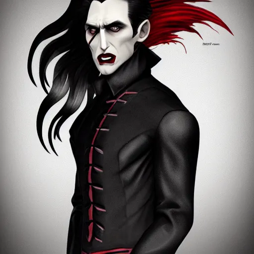 Image similar to a vampire, male, mid - 3 0 s aged, long, slicked black hair, clean shaven, in red and black, regal, high fantasy, realistic, highly detailed, concept art, 8 k.