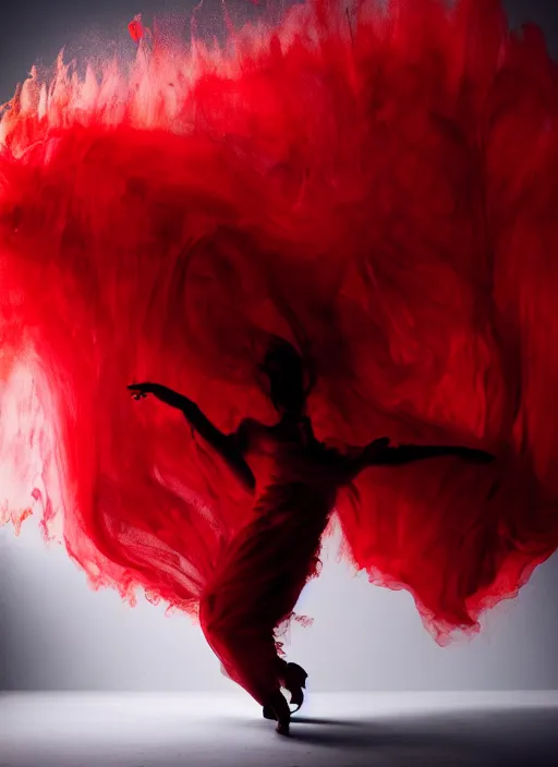 Image similar to a Photorealistic dramatic hyperrealistic render of a glamorous beautiful Lovecraftian monster smoke dancer wearing red by Ken Brower and Deborah Ory of NYC Dance project,Lois Greenfield,Flowing cloth and smoke,Beautiful dynamic dramatic dark moody lighting,volumetric,shadows,cinematic atmosphere,Octane render,8K