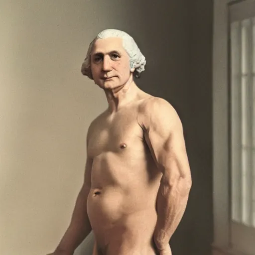 Prompt: a photo, taken in 2 0 2 0, of a muscular, shirtless, george washington, posing for a professional photo shoot, 8 5 mm lens, f 1. 8.