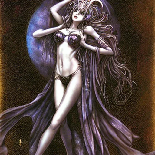 Prompt: Female Jester deity, salute to the moon, painting by Luis Royo