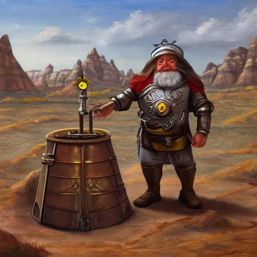 Image similar to oil painting of a medieval fantasy dwarf standing next to a robot made of chrome, badlands in the background, detailed, 4K