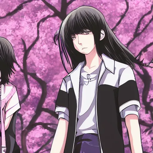 Prompt: zhongli and Tartaglia,Official character illustration,Popular on Pixiv,Death Note,fantasy cherry blossom background