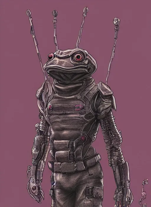 Prompt: cyberpunk frog, concept art, colorized pencil, highly detailed, Akihiko Yoshida