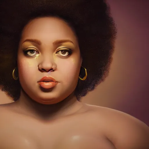 Image similar to beautiful oil painting of a fat light skinned woman with an afro, beautiful eyes, artstation, volumetric lights, highly detailed, concept art, sharp focus, beautiful face