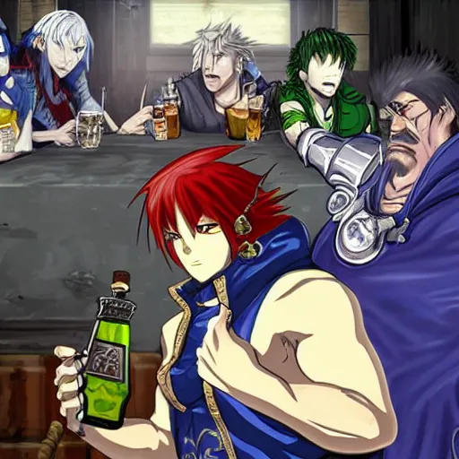 Image similar to anime style warcraft 3 characters drinking beer in postapocalyptic bar, arthas, nerzul, archimond, ktun, nzoth
