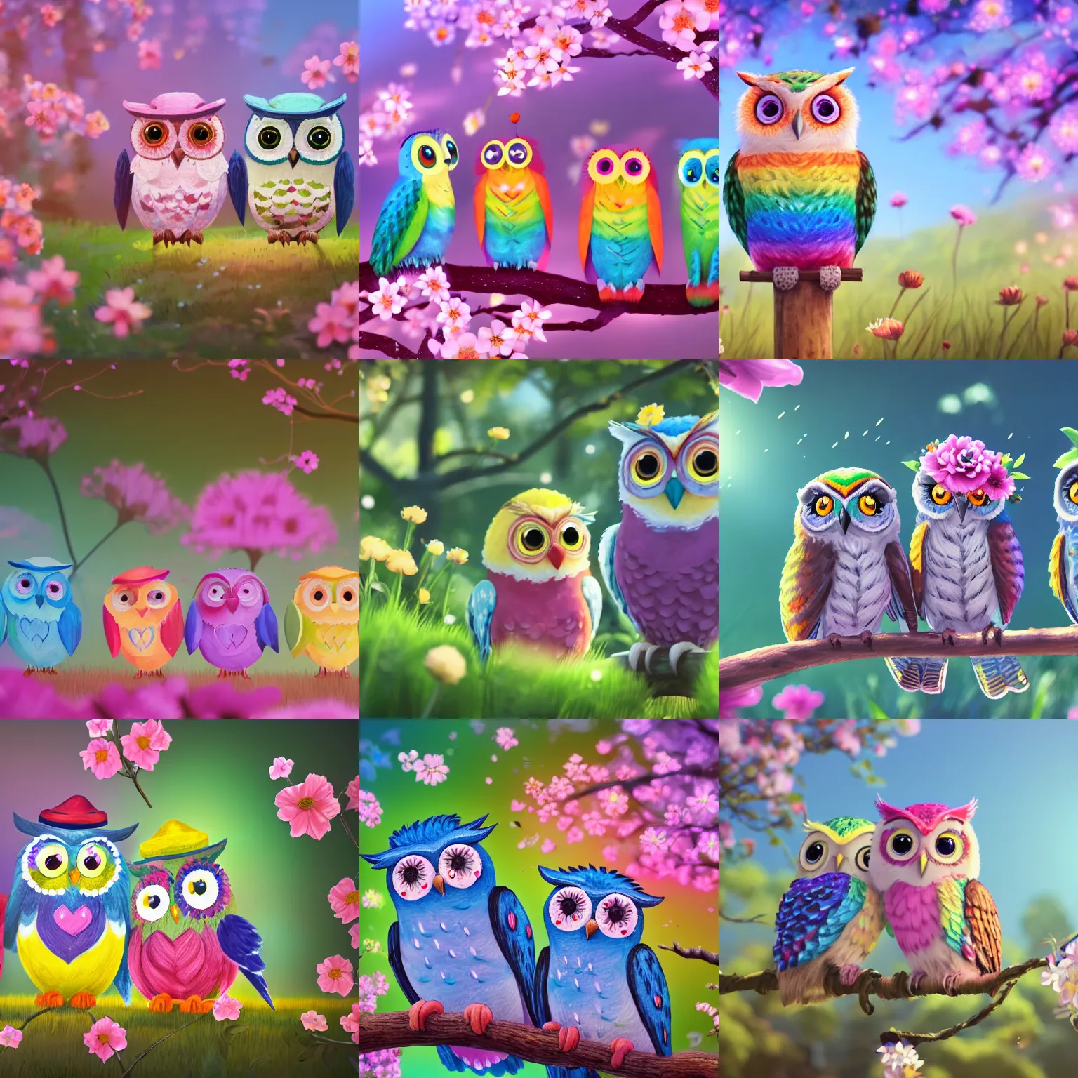 Prompt: film still of happy content cute rainbow owls wearing flowers and wearing hats, in a field of delicate dainty blossoms, makoto shinkai, cinematic lighting, volumetric lighting, sunny, highly detailed, hand drawn, intricate, illuminated, 8k