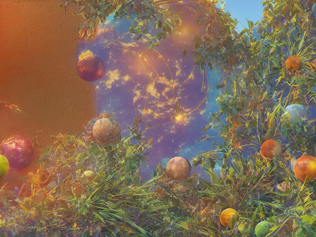 Image similar to 3 d render, sunlight study, the universe is a spheroid region 7 0 5 meters in diameter, art nouveau, by maria sibylla merian and ( ( ( ( ( lisa frank ) ) ) ) ), 8 k, sharp focus, octane render