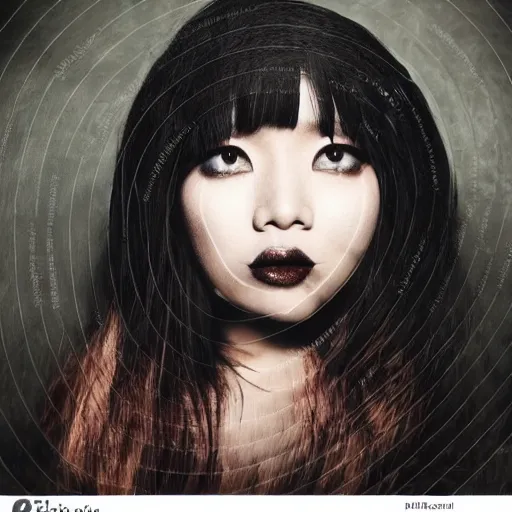 Prompt: atmospheric upper body polaroid photograph of female japanese model in emo makeup, long hair, fringe