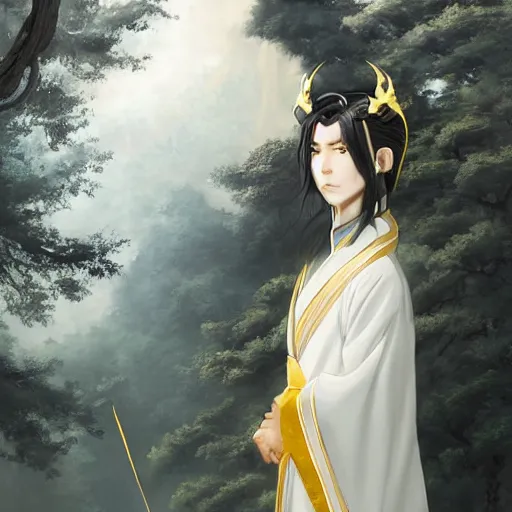 Image similar to a young beautiful prince, golden eyes, long black hair, white hanfu, elegant, intricate, backlit, incredible lighting, strong rim light, subsurface scattering, hyper realistic anime, beautiful landscape, cherry trees, highly detailed digital painting, by Heise Jinyao, Heise-Lian Yan Fang, Feimo, Rossdraws, Sakimichan HDRI, vivid colors, high contrast, trending on artstation 8k