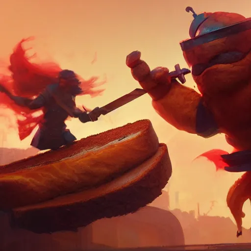 Prompt: battle toast, a slice of toasted bread with a face, arms and legs, holding a sword, volumetric lighting, dynamic composition, fantasy, hyper detailed, ultra realistic, sharp focus, octane render, concept art by sergey kolesov and ruan jia and heng z