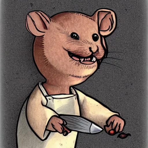 Image similar to a hamster with an evil face, working in a butcher shop, holds knives in his hands. drawing. front view.