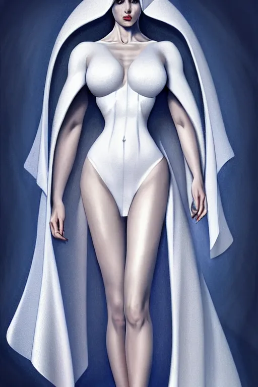 Prompt: detailed beautiful noun in opened white gold blue coat, seductive confident pose, steroid body, very defined and vascular, attractive feminine curves, intricate details, futuristic, alien, elegant cape, elegant, photorealism, trending on artstation, holy halo, advanced technology, art by moebius and vitaly bulgarov and chanthara