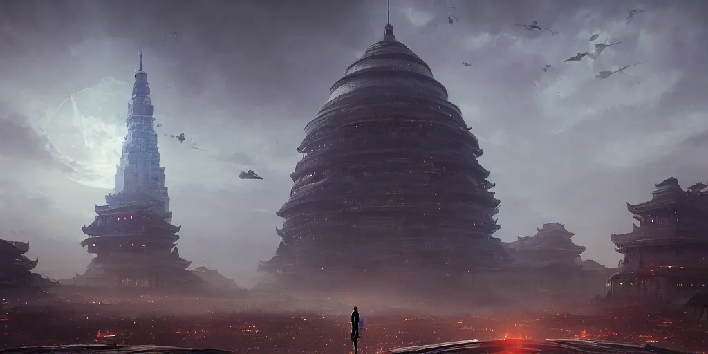 Image similar to a giant alien ufo high tech spaceship eerily hovering on ancient shanghai city landscape with beautiful temples by greg rutkowski, artgerm, ross tran, magali villeneuve, intricate, time travel theme, audince in awe, spectacle, audience sorrounding, award winning, octane render, masterpiece, 8 k, beautiful