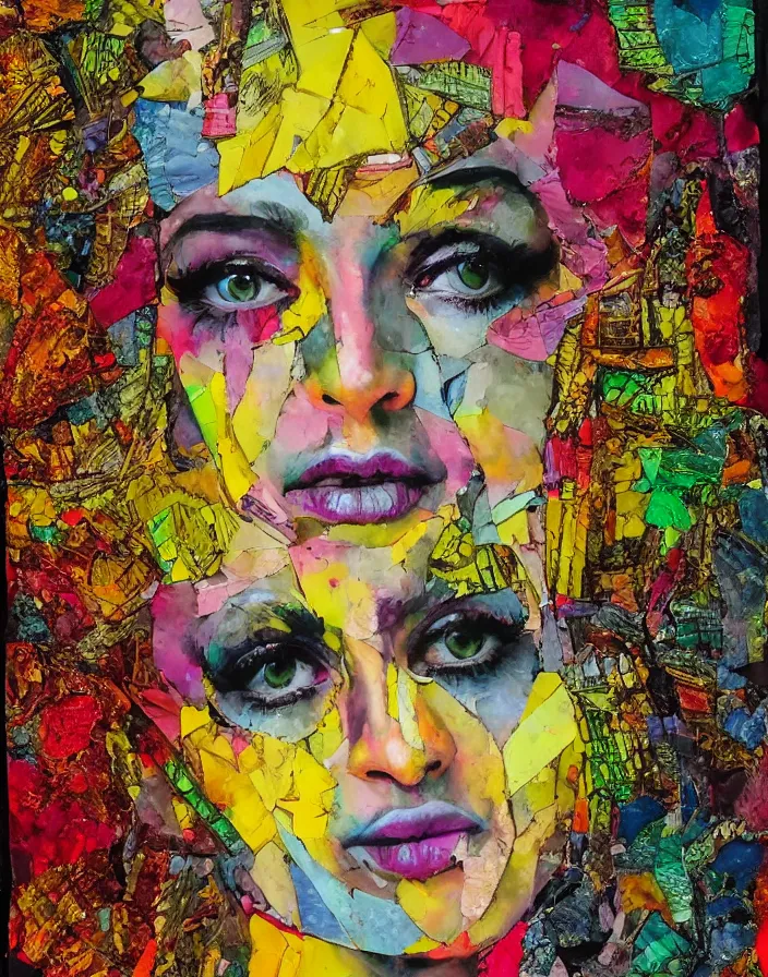 Prompt: divine psychic queen with all the vivid colors detailed analogue mixed media collage with canvas texture in style of contemporary art, punk art, hyperrealistic beautiful face, photorealistic, expressionism, masterpiece, perfect composition, spectacular quality torn paper, intricate oil details, broken glass