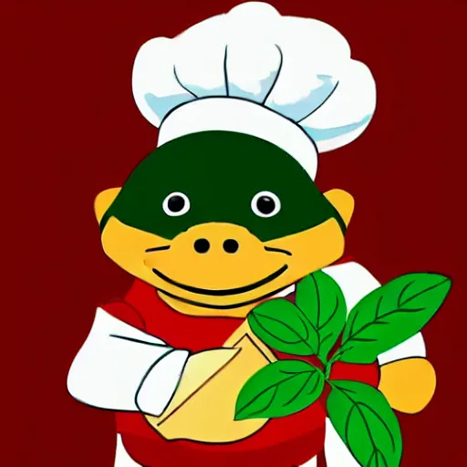 Prompt: cute platypus wearing a chef hat and holding a pizza with three basil leaves over the lasagna