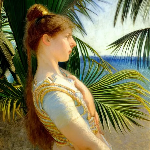 Image similar to a ultradetailed beautiful painting of a girl in the amazonas palace balustrade designed by jules bastien - lepage, hans belmer, frank weston and gustave baumann, beach, trending on artstation, mediterranean, palm trees, refracted color sparkles, sharp focus, soft light, 8 k 4 k