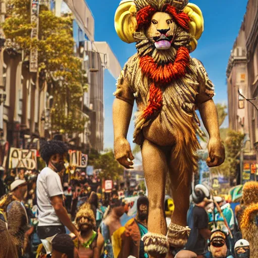 Image similar to anthropomorphic scene of lion at a street protest, exquisite detail lion in hippie clothes, Streetwear, hippie fashion, protest movement, trending on artstation, incredible detail, Graeme Base, 8k detail, gi, global illumination, physically based rendering, photoreal, small details, intricate complexity