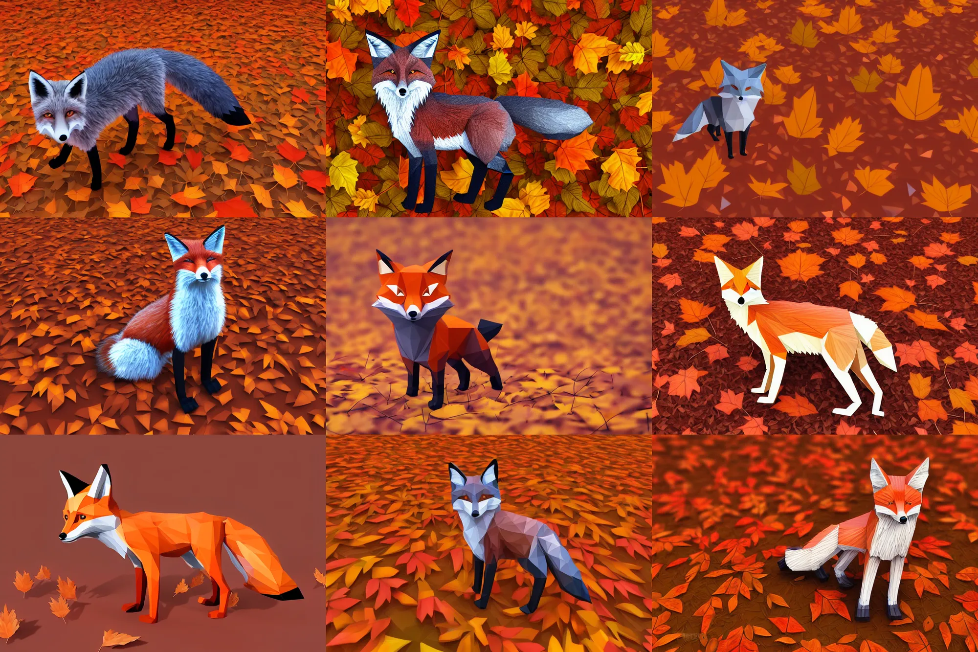 Prompt: super detailed long lowpoly fox standing on hyper detailed lowpoly autumn leaves