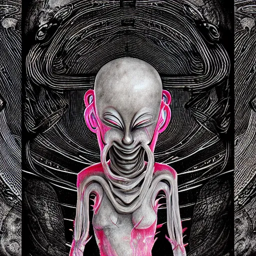 Prompt: naraka buddhist demon korean, happy female alien, tubular creature, blood vessels, no face, dystopian surrealism, alex ries zdzisław beksinski, symmetrical long head, smooth marble surfaces, smooth marble surfaces, detailed ink illustration, detailed ink illustration, raiden metal gear, cinematic smooth stone, deep aesthetic, concept art, intricate