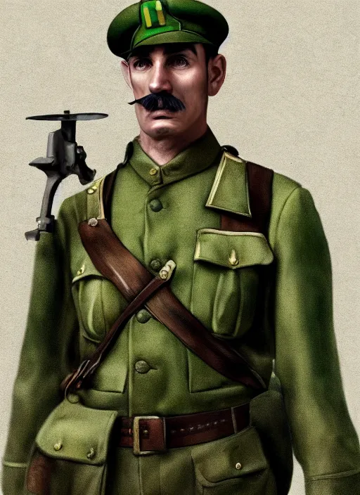 Image similar to luigi as ww 1 soldier, ultra detailed, trending on artstation, concept art, octane render, unreal engine,