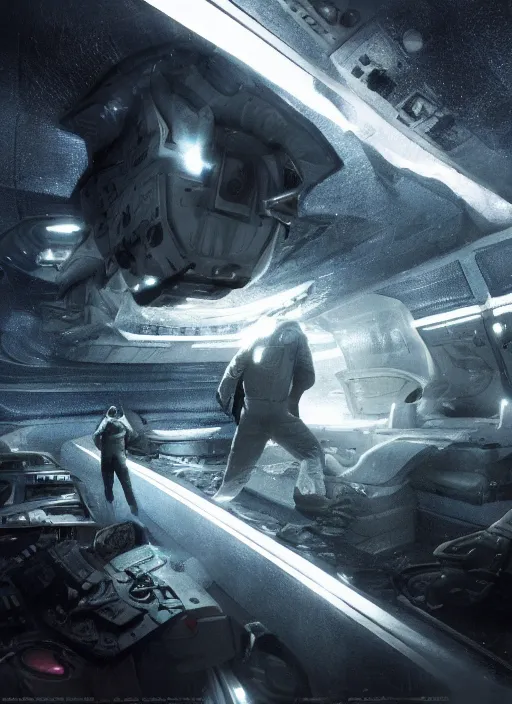 Prompt: concept poster art by craig mullins infrared complex and hyperdetailed technical astronauts floating in futuristic dark and empty spaceship underwater. reflection and dispersion materials. rays and dispersion of light. volumetric light. 5 0 mm, f / 3 2. noise film photo. flash photography. unreal engine 4, octane render. interstellar movie art