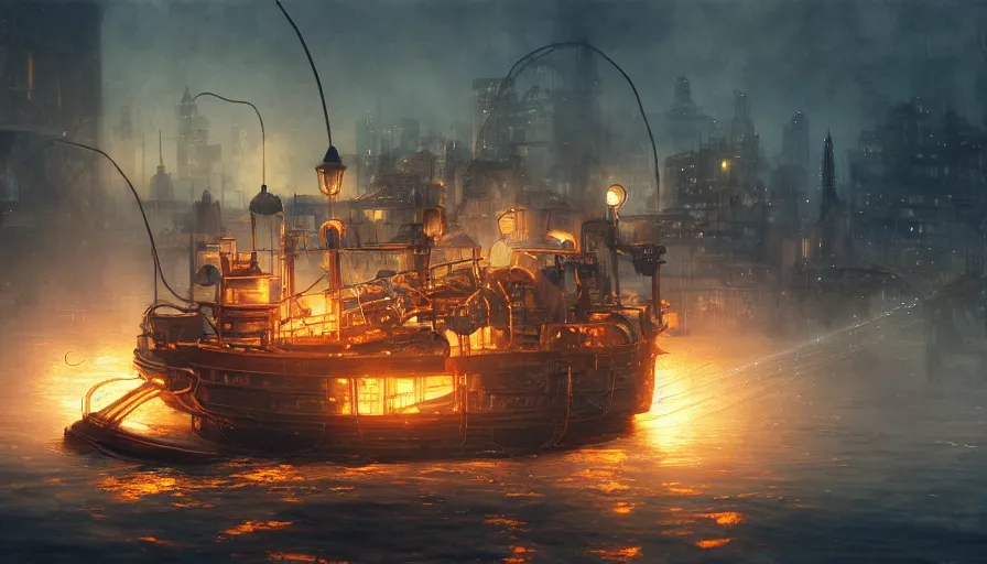 Image similar to A highly detailed matte painting of a glowing electrical Steampunk boat, steam and sparks, copper wires, victorian, by Studio Ghibli, Makoto Shinkai, by Artgerm, by WLOP, by Greg Rutkowski, volumetric lighting, octane render, 4K resolution, trending on artstation, masterpiece