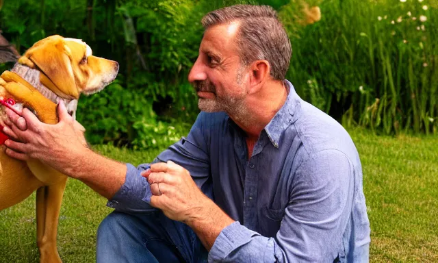 Image similar to My dad Steve just took a hit from the bongo and have good time being gracefully relaxed in the garden, sunset lighting. My second name is Carell. My dad second name is Carell. Im the dog and Steve Carell is my dad. Detailed face. Hairy calves