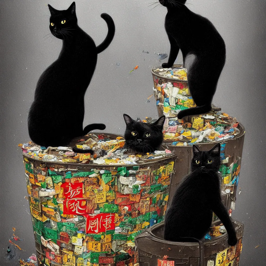 Prompt: a beautiful and highly detailed painting of a black cat on a trash can in kowloon city by Iwan Baan, Cyril Rolando, David Friedrich, Martin Johnson Heade and Lee Madgwick hyperreal 4k artstation